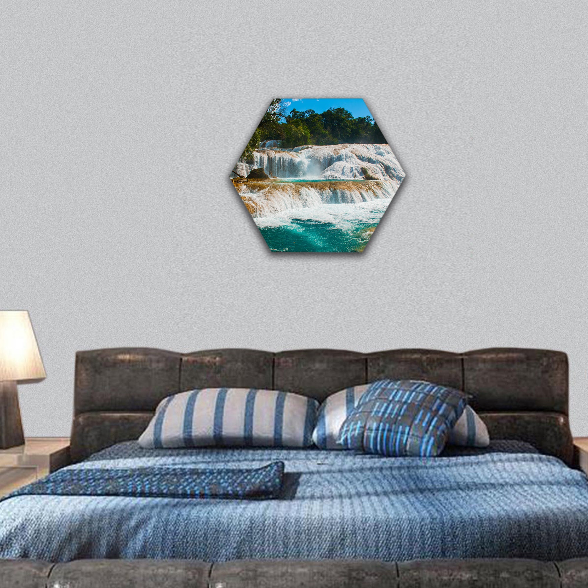 Landscape with waterfall, Palenque, Mexico hexagonal canvas wall art