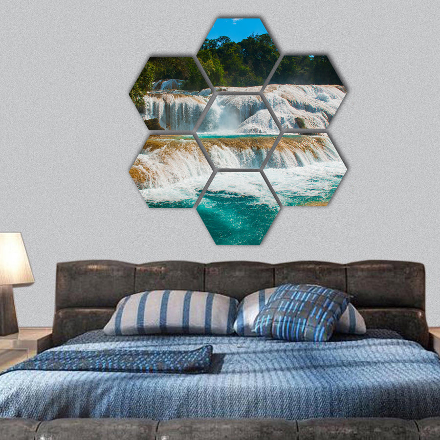 Landscape with waterfall, Palenque, Mexico hexagonal canvas wall art