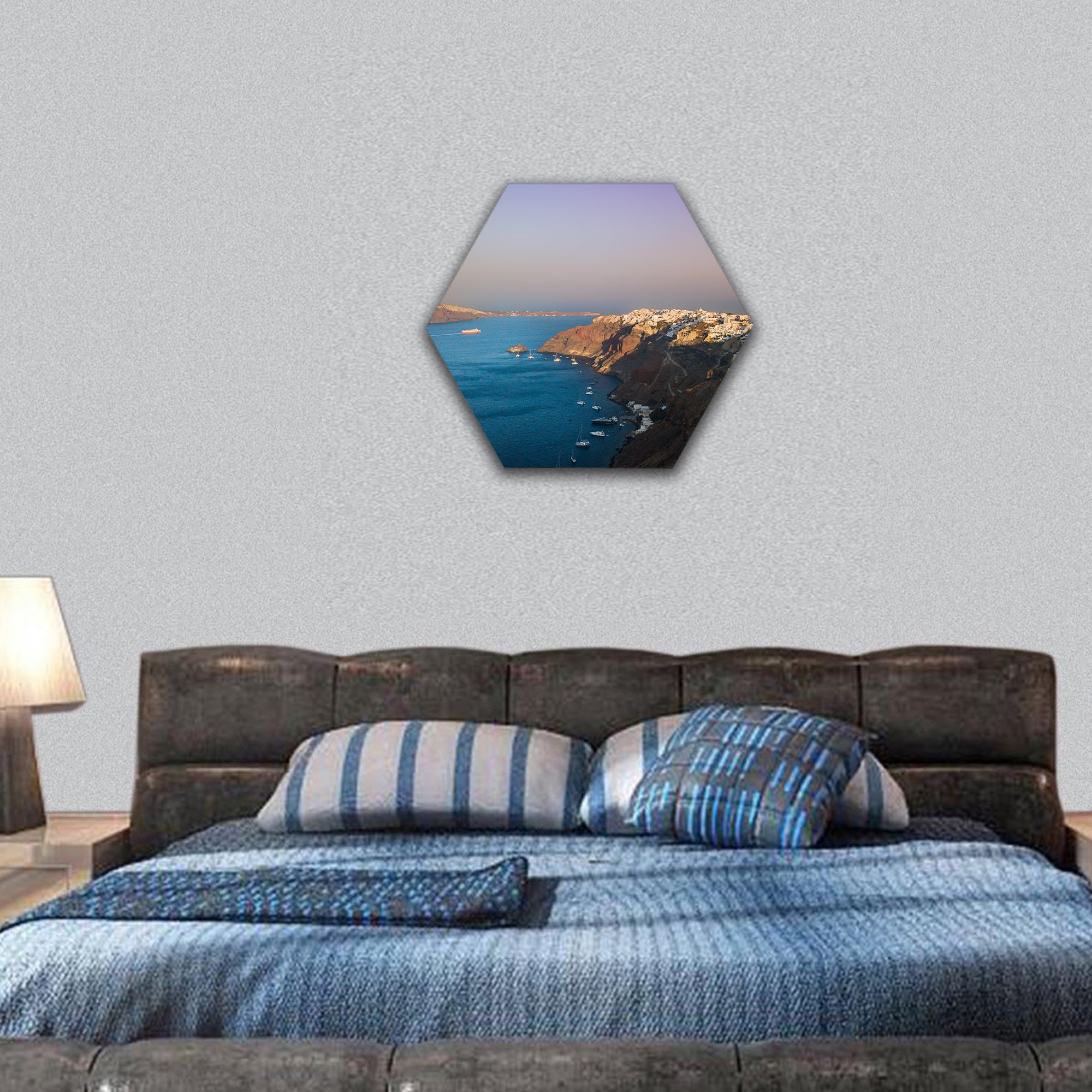 Famous sunset at Santorini in Oia village hexagonal canvas wall art