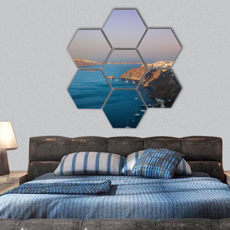 Famous sunset at Santorini in Oia village hexagonal canvas wall art