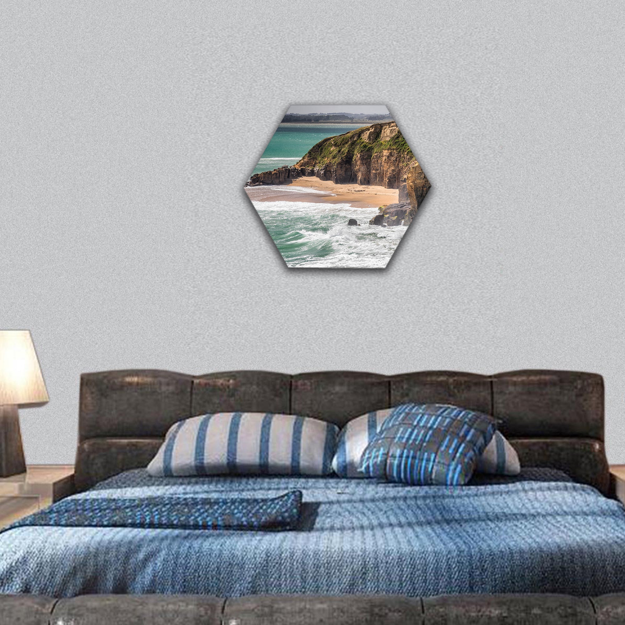 Coast with huge waves near Bluff, New Zealand hexagonal canvas wall art
