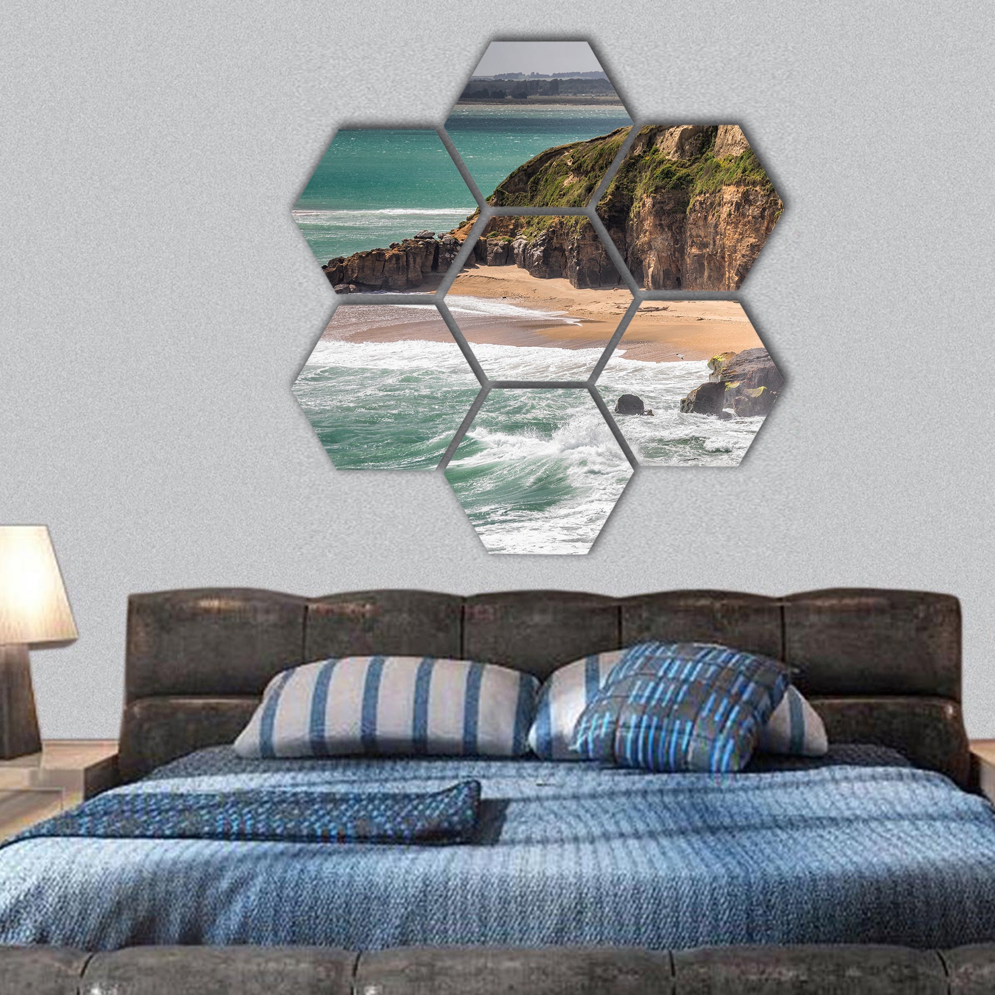 Coast with huge waves near Bluff, New Zealand hexagonal canvas wall art