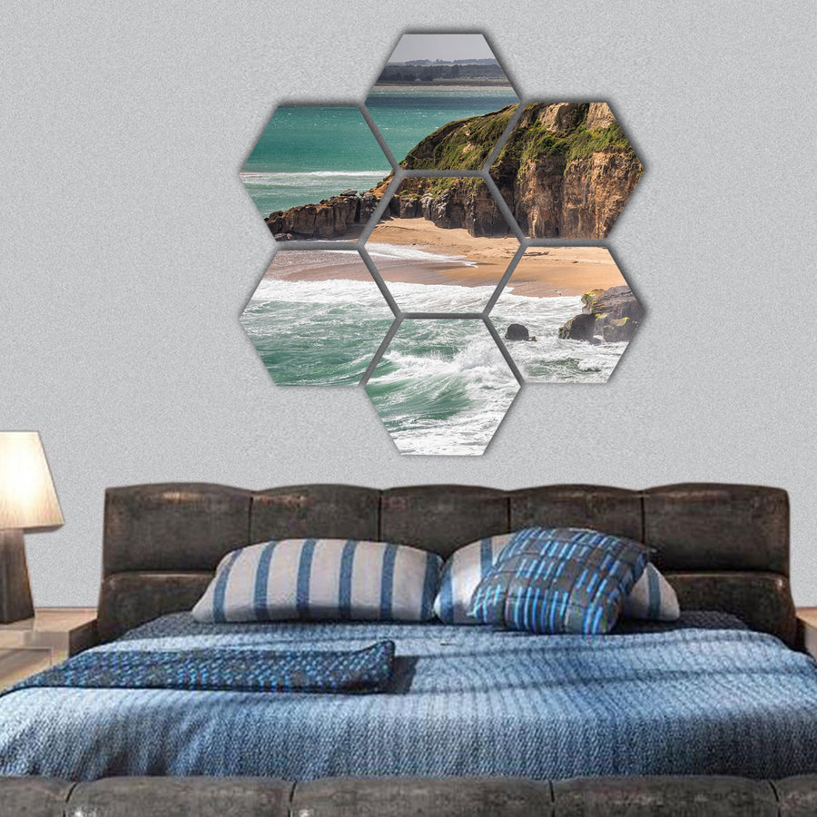 Coast with huge waves near Bluff, New Zealand hexagonal canvas wall art