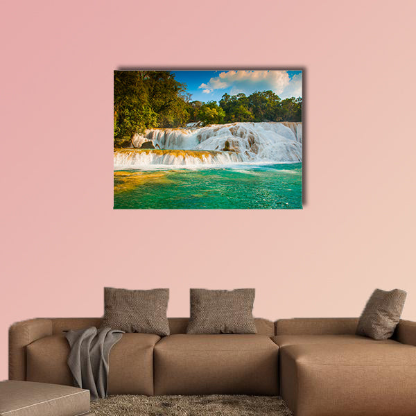View of the amazing waterfall with turquoise pool Multi panel canvas wall art