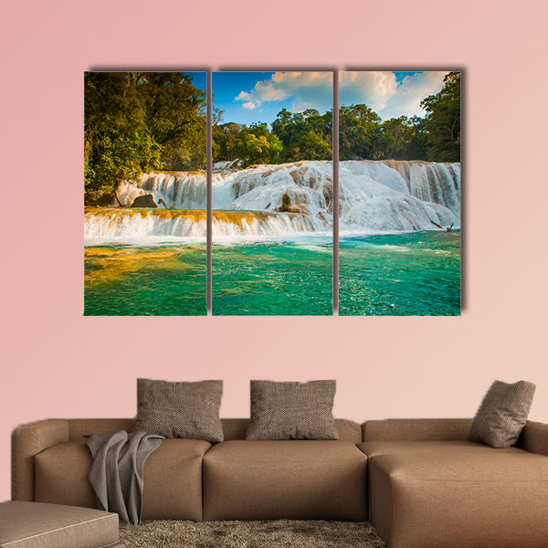 View of the amazing waterfall with turquoise pool Multi panel canvas wall art