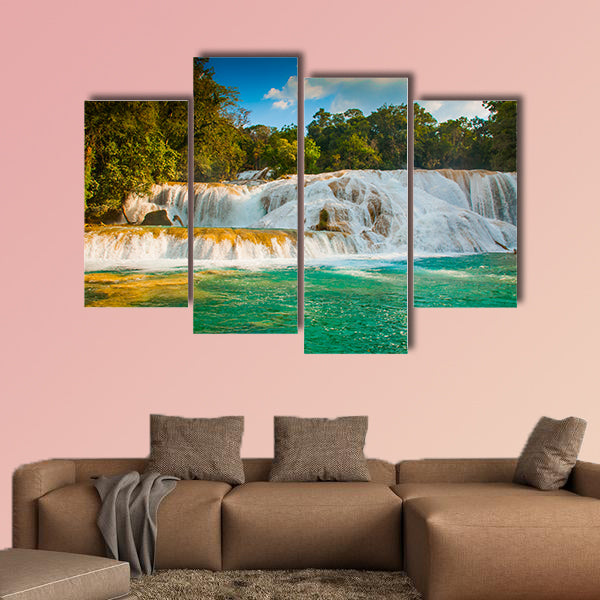 View of the amazing waterfall with turquoise pool Multi panel canvas wall art