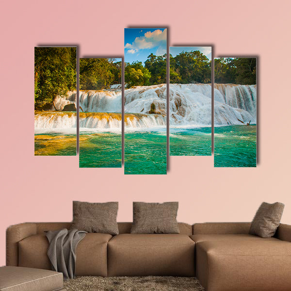 View of the amazing waterfall with turquoise pool Multi panel canvas wall art
