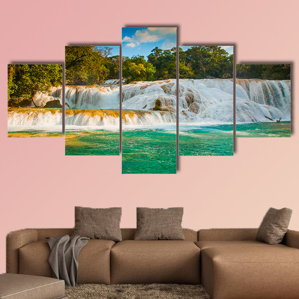 View of the amazing waterfall with turquoise pool Multi panel canvas wall art