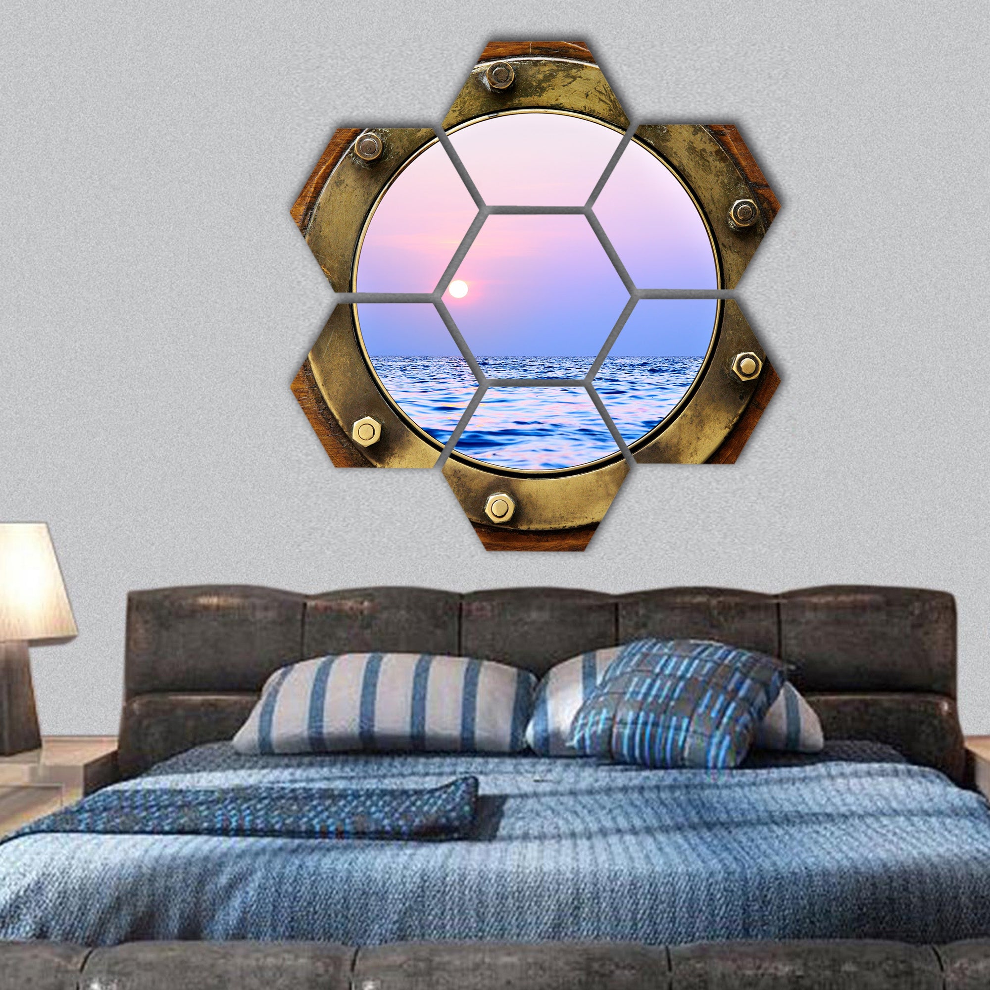 Boat porthole with ocean view hexagonal canvas wall art