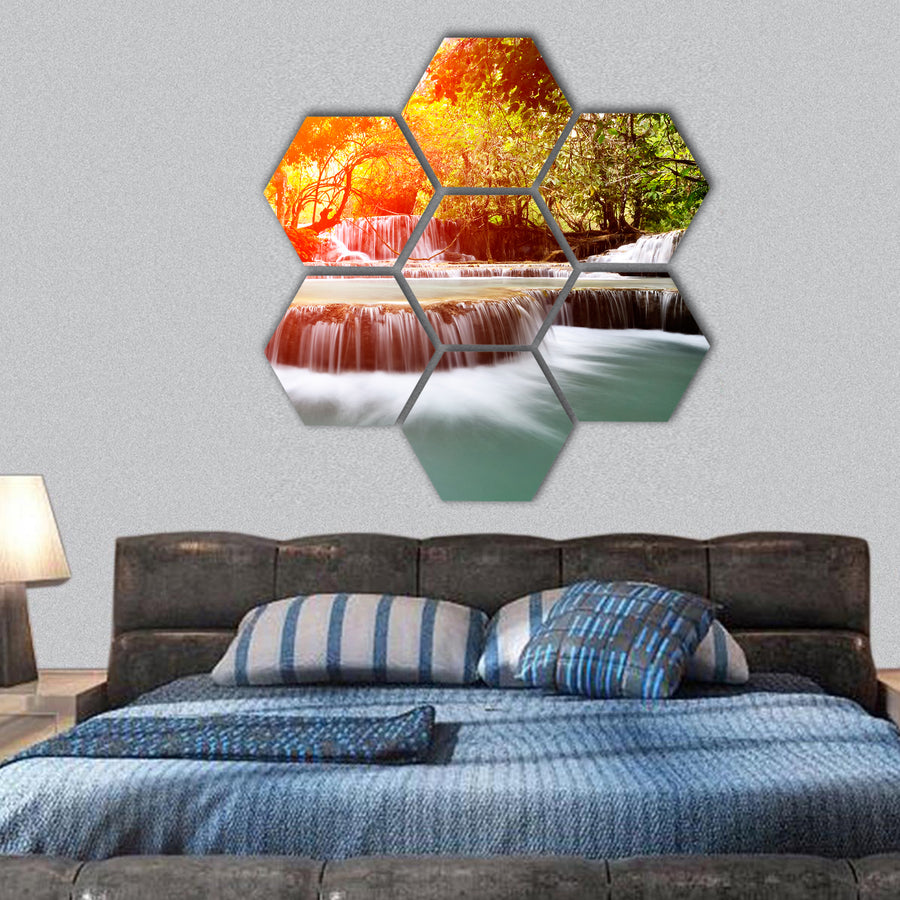 Sun shines at Tadklangsi waterfall hexagonal canvas wall art