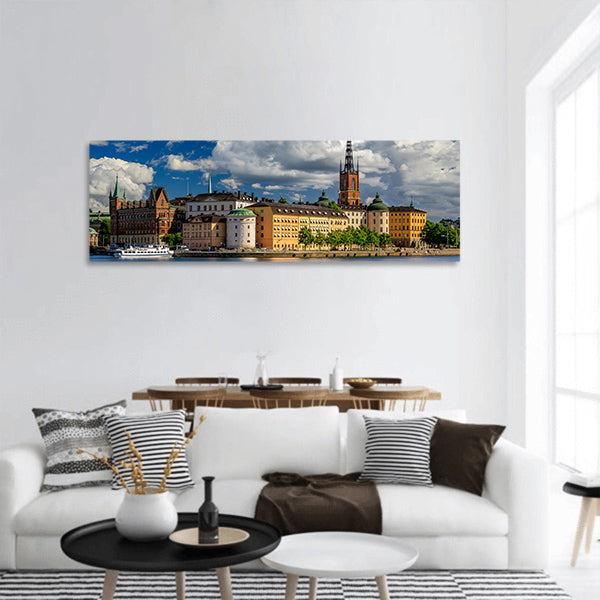 Tourist ferry on lake Malaren, Riddarholmen and burial church Panoramic canvas Wall Art