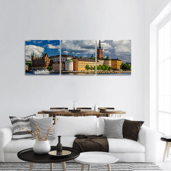Tourist ferry on lake Malaren, Riddarholmen and burial church Panoramic canvas Wall Art