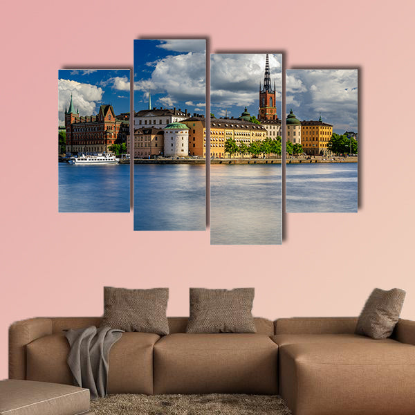 Tourist ferry on Lake Malaren with traditional gothic buildings wall art