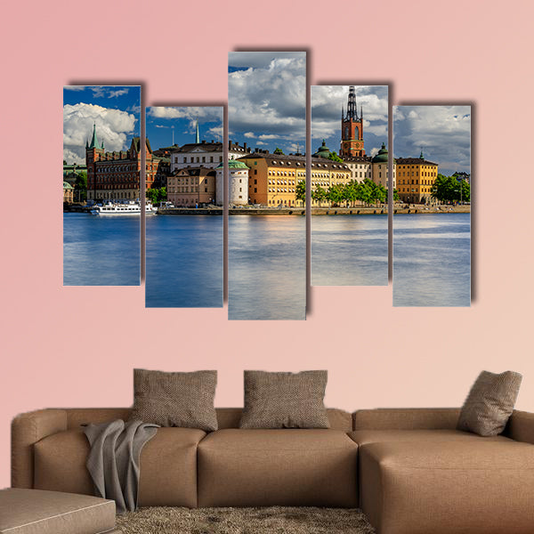 Tourist ferry on Lake Malaren with traditional gothic buildings wall art