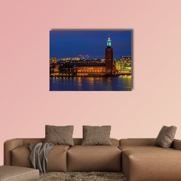 Sunset view across Lake Malaren onto City Hall, Sweden multi panel canvas wall art