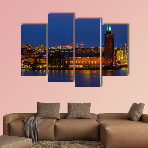 Sunset view across Lake Malaren onto City Hall, Sweden multi panel canvas wall art