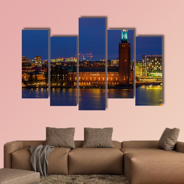 Sunset view across Lake Malaren onto City Hall, Sweden multi panel canvas wall art