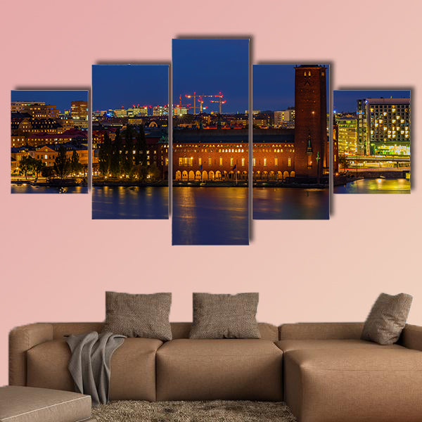 Sunset view across Lake Malaren onto City Hall, Sweden multi panel canvas wall art