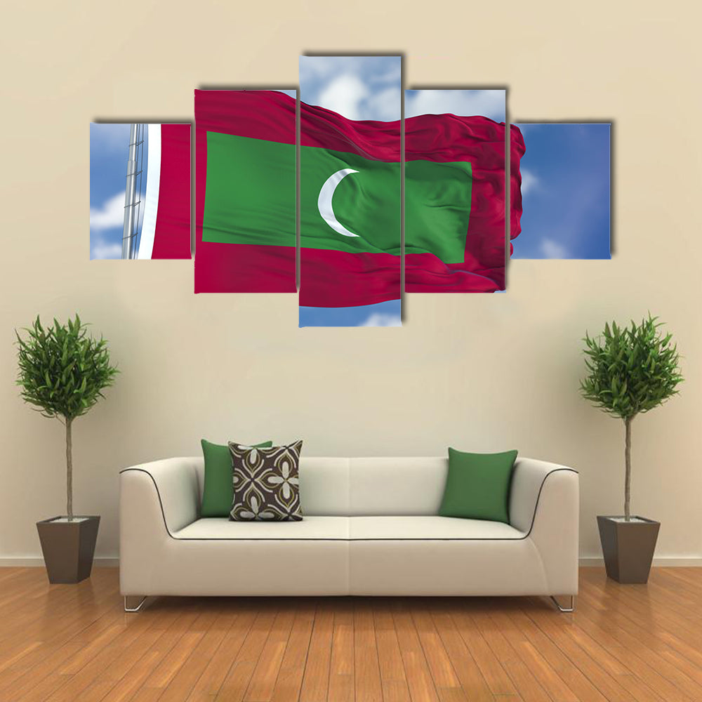 The Flag Of The Maldives Flying In The Blue Sky, Multi Panel Canvas Wall Art