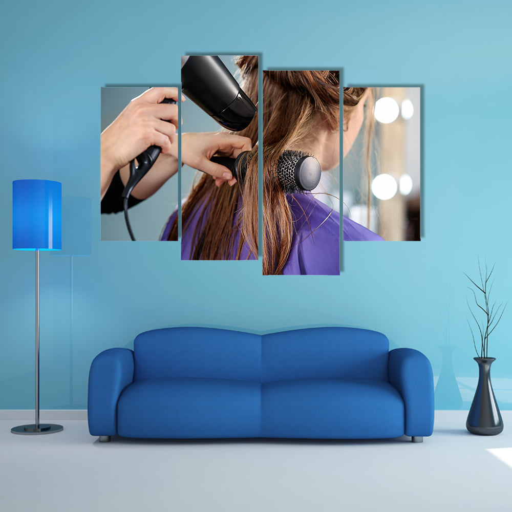 Professional Hairdresser Working with Client in Salon, Close-up Multi Panel Canvas Wall Art