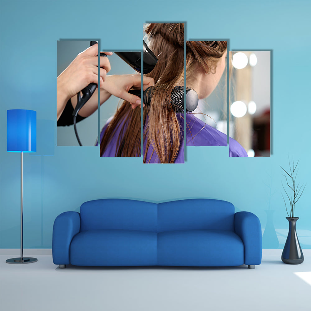 Professional Hairdresser Working with Client in Salon, Close-up Multi Panel Canvas Wall Art