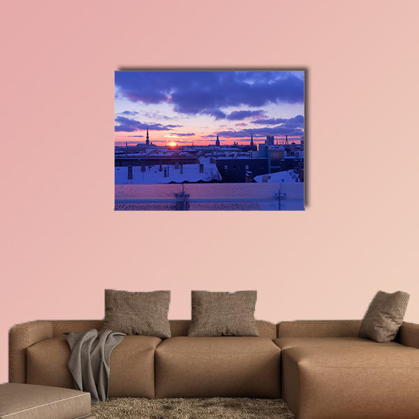 Sunset in purple tones of the city of Riga in winter multi panel canvas wall art