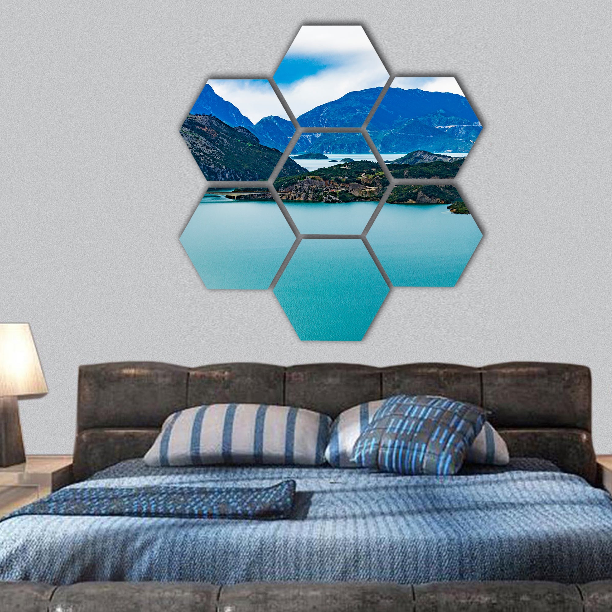 Lake Kremasta, Evrytania region, Greece hexagonal canvas wall art