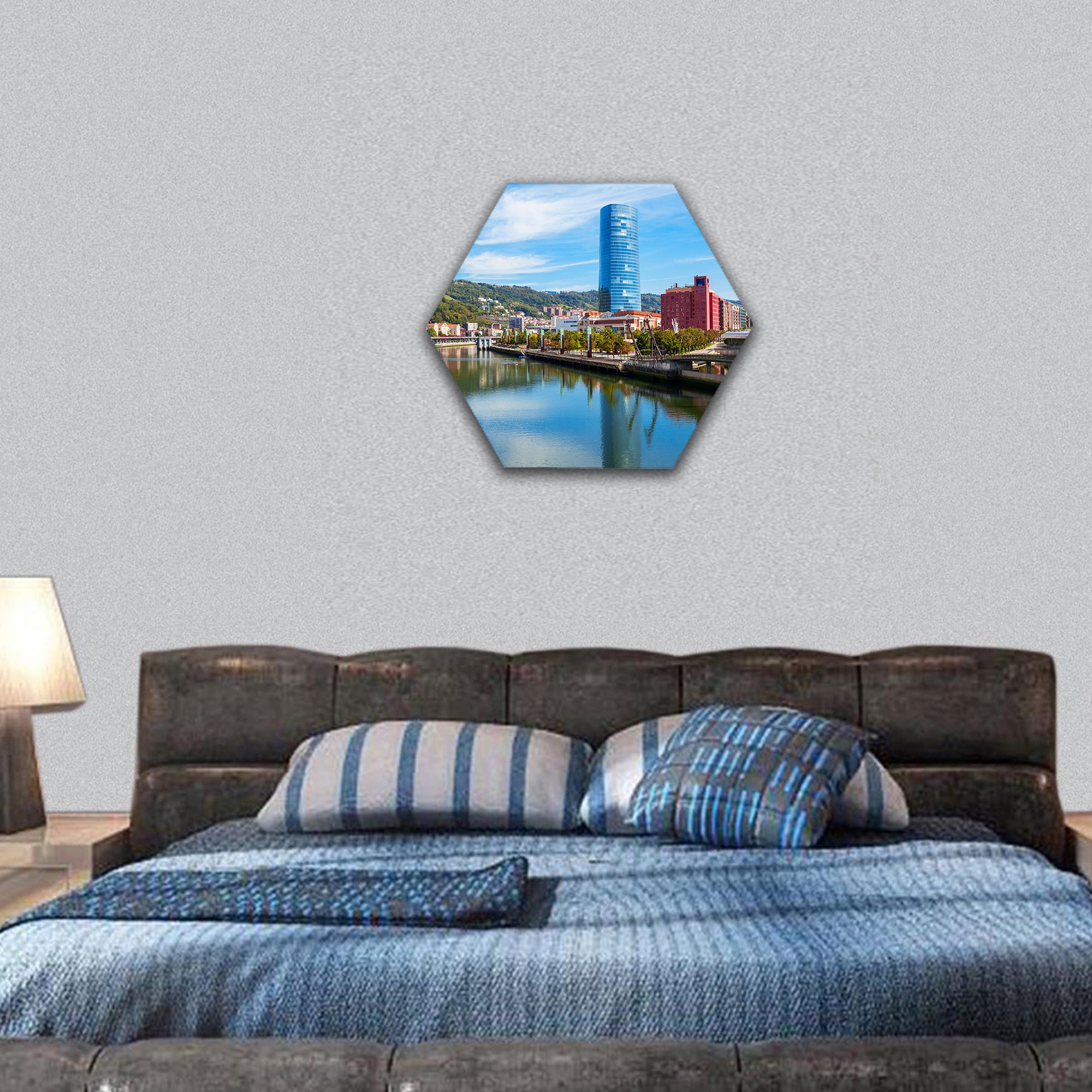 Nervion River embankment in Spain hexagonal canvas wall art