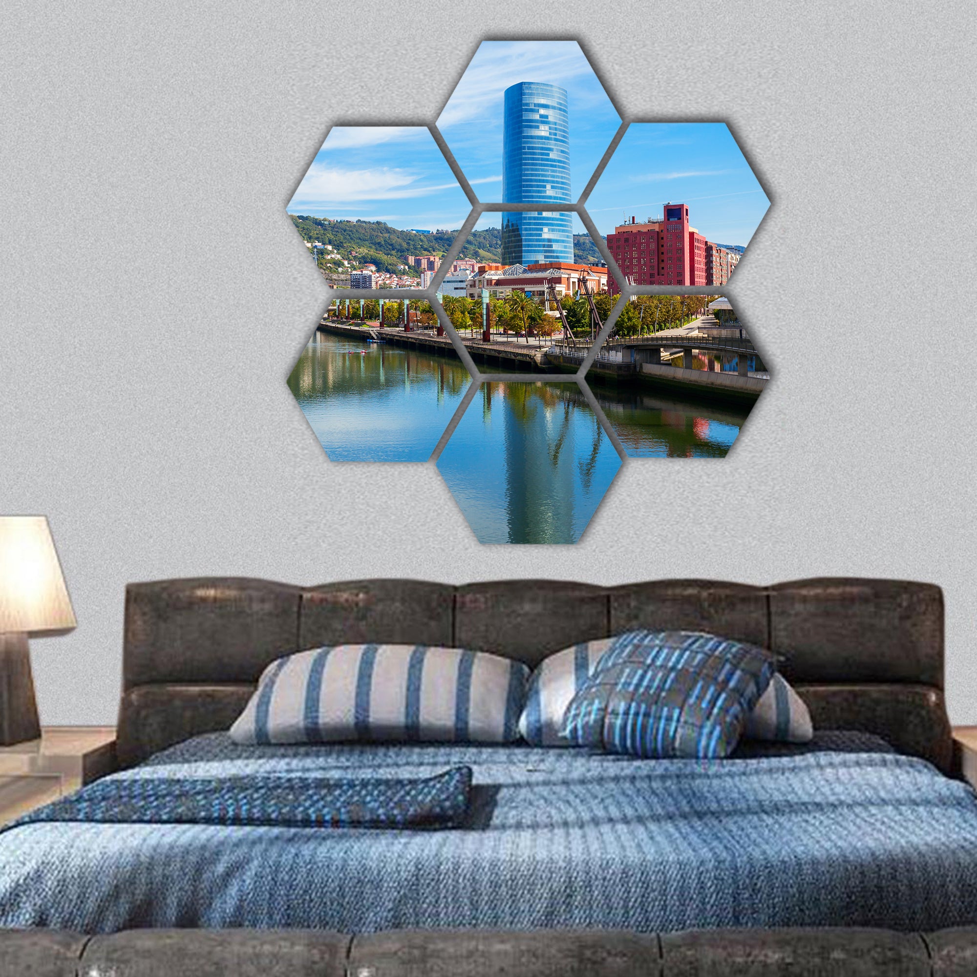 Nervion River embankment in Spain hexagonal canvas wall art