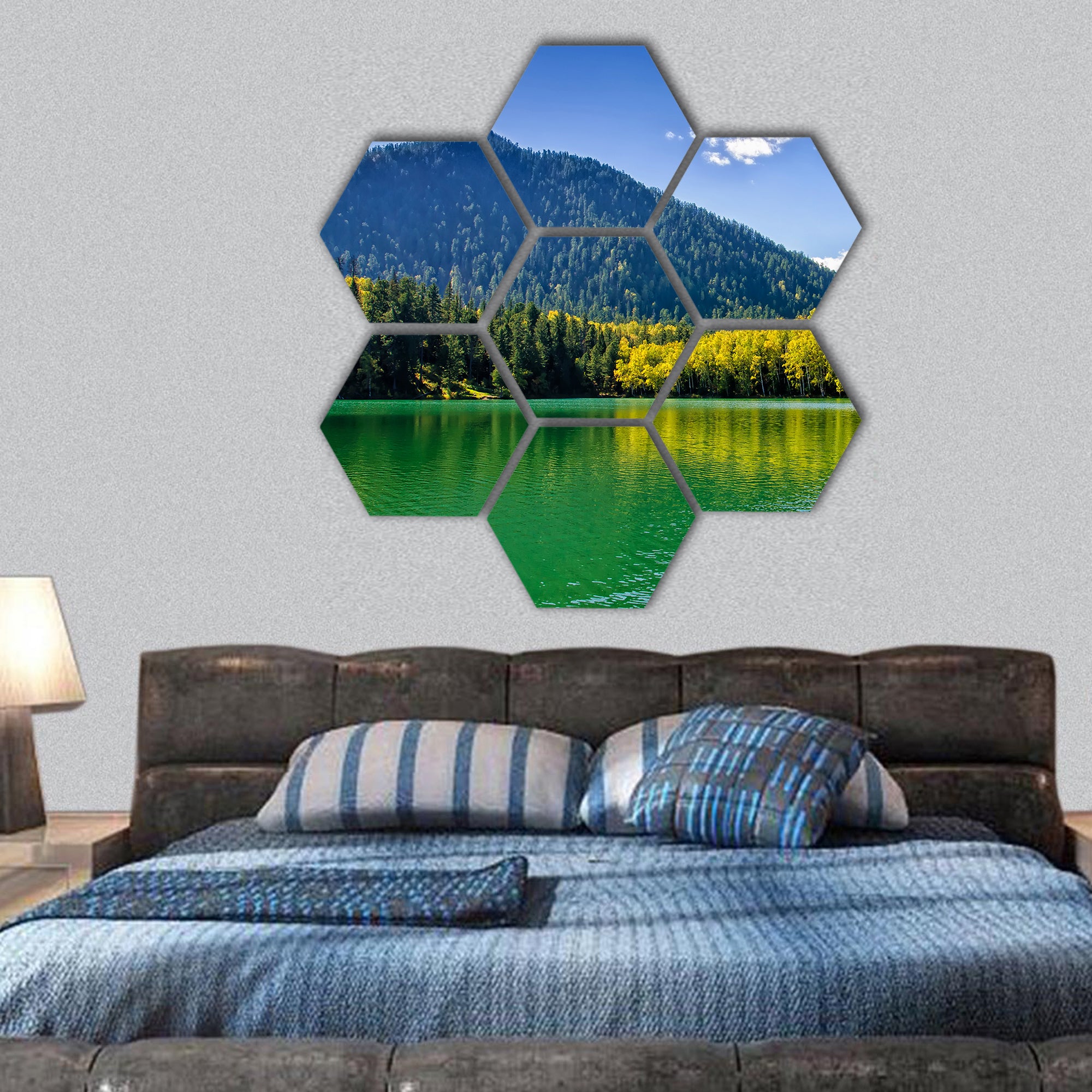 Mountain autumn green siberia lake hexagonal canvas wall art