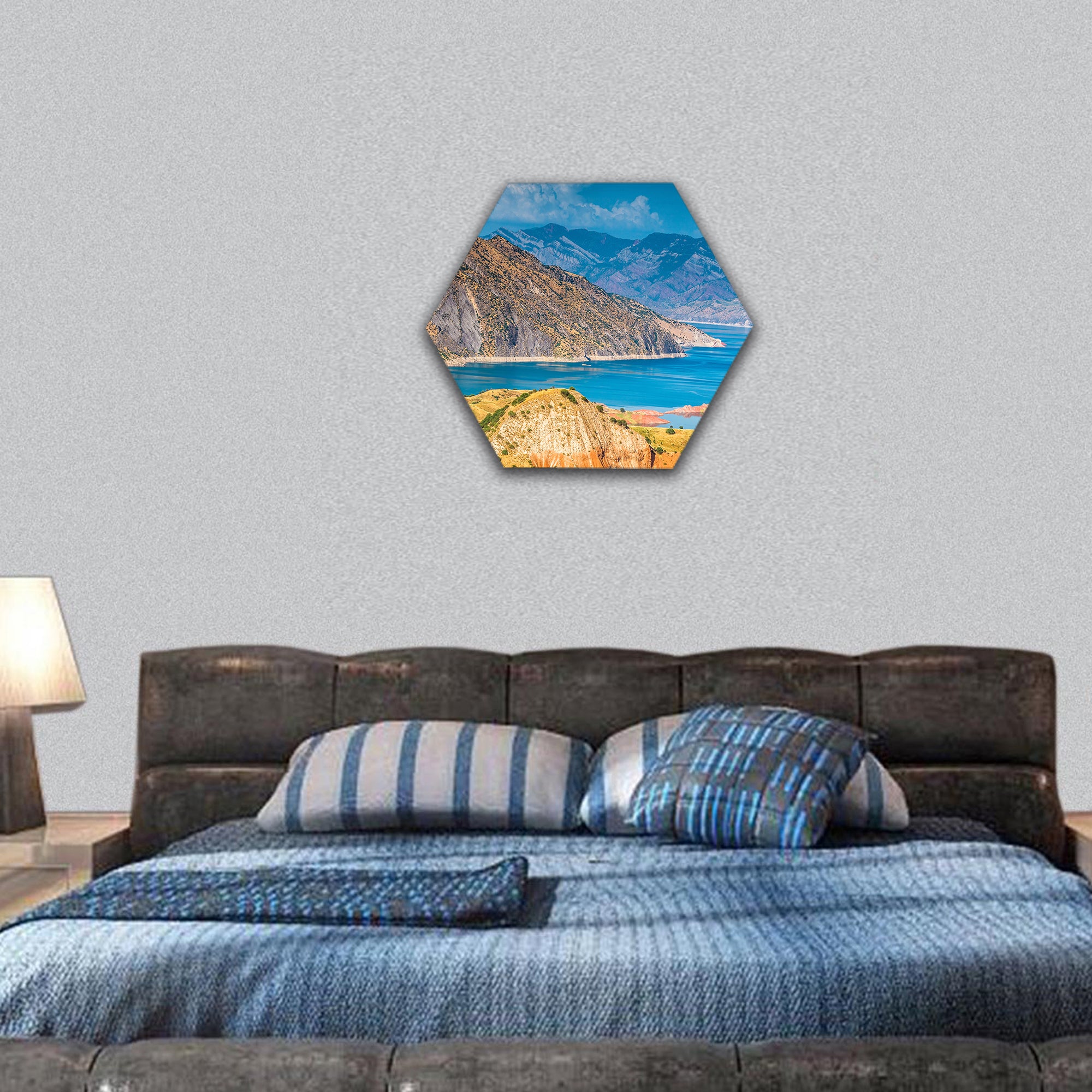 view of Nurek Reservoir in Tajikistan hexagonal canvas wall art
