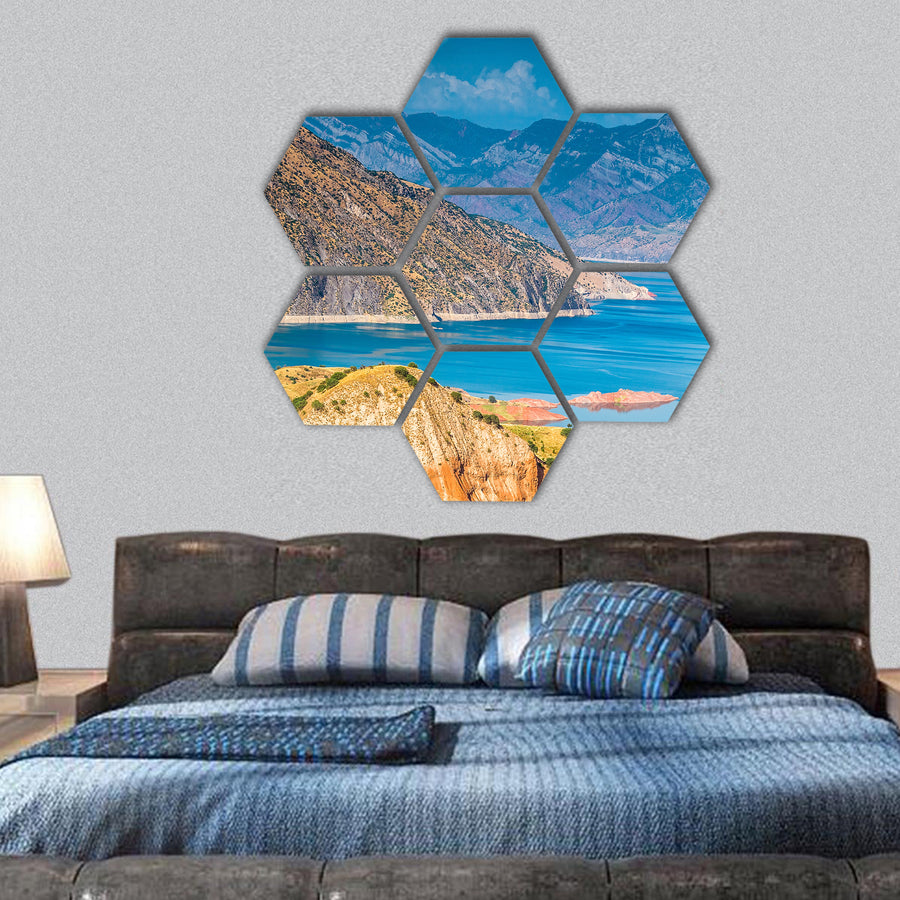 view of Nurek Reservoir in Tajikistan hexagonal canvas wall art