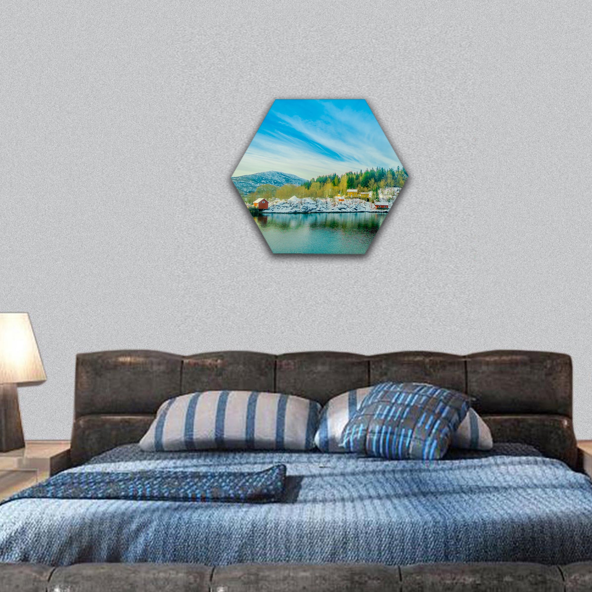 outdoor view of wooden houses in a coastal scene hexagonal canvas wall art