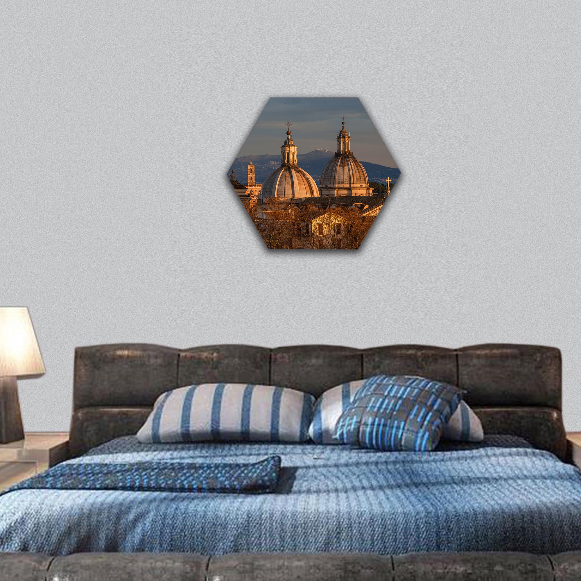 Rome center with baroque domes and Capitoline Hill hexagonal canvas wall art