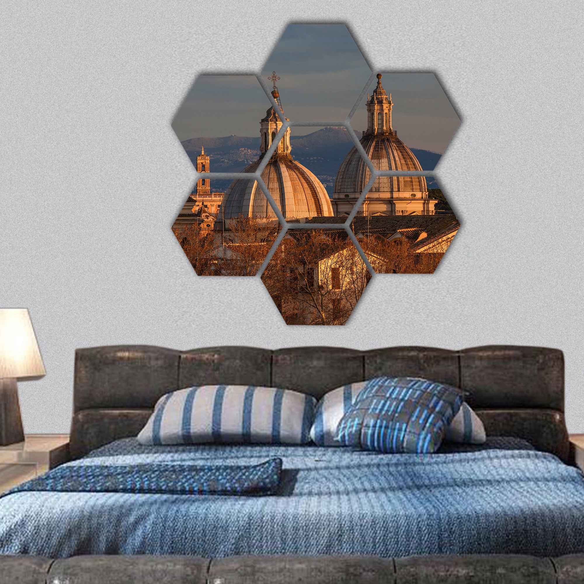 Rome center with baroque domes and Capitoline Hill hexagonal canvas wall art
