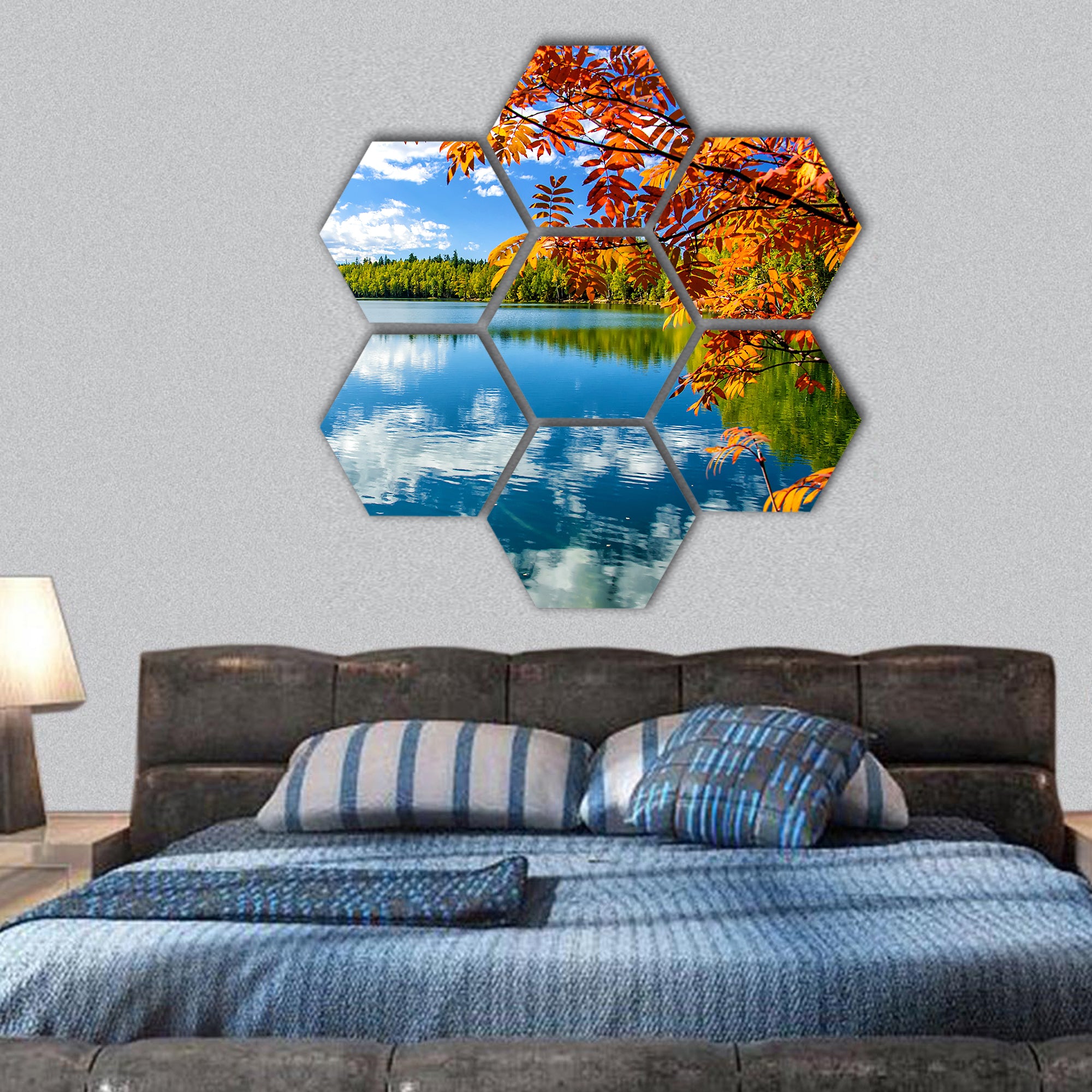 mountain autumn green siberia lake hexagonal canvas wall art