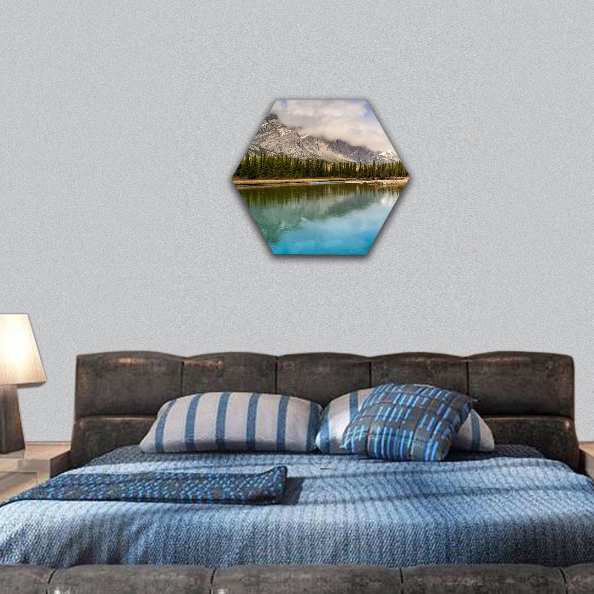 The Bow river and Mount Yamnuska in the Canadian Rockies, hexagonal canvas wall art
