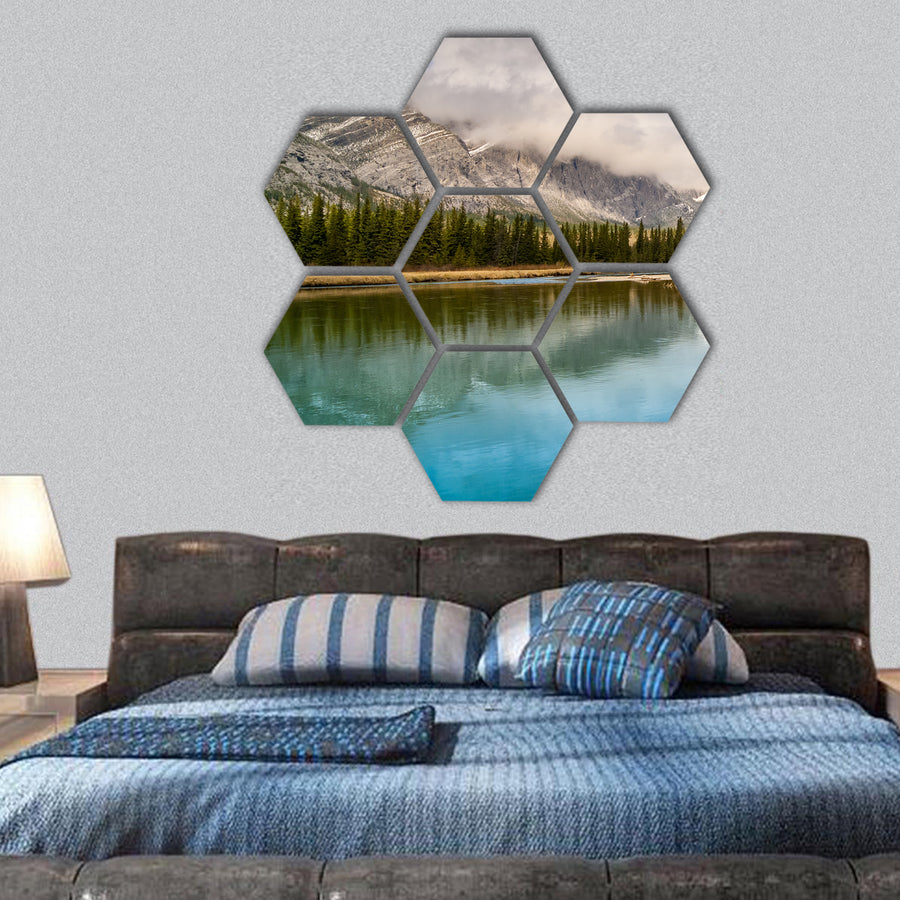 The Bow river and Mount Yamnuska in the Canadian Rockies, hexagonal canvas wall art