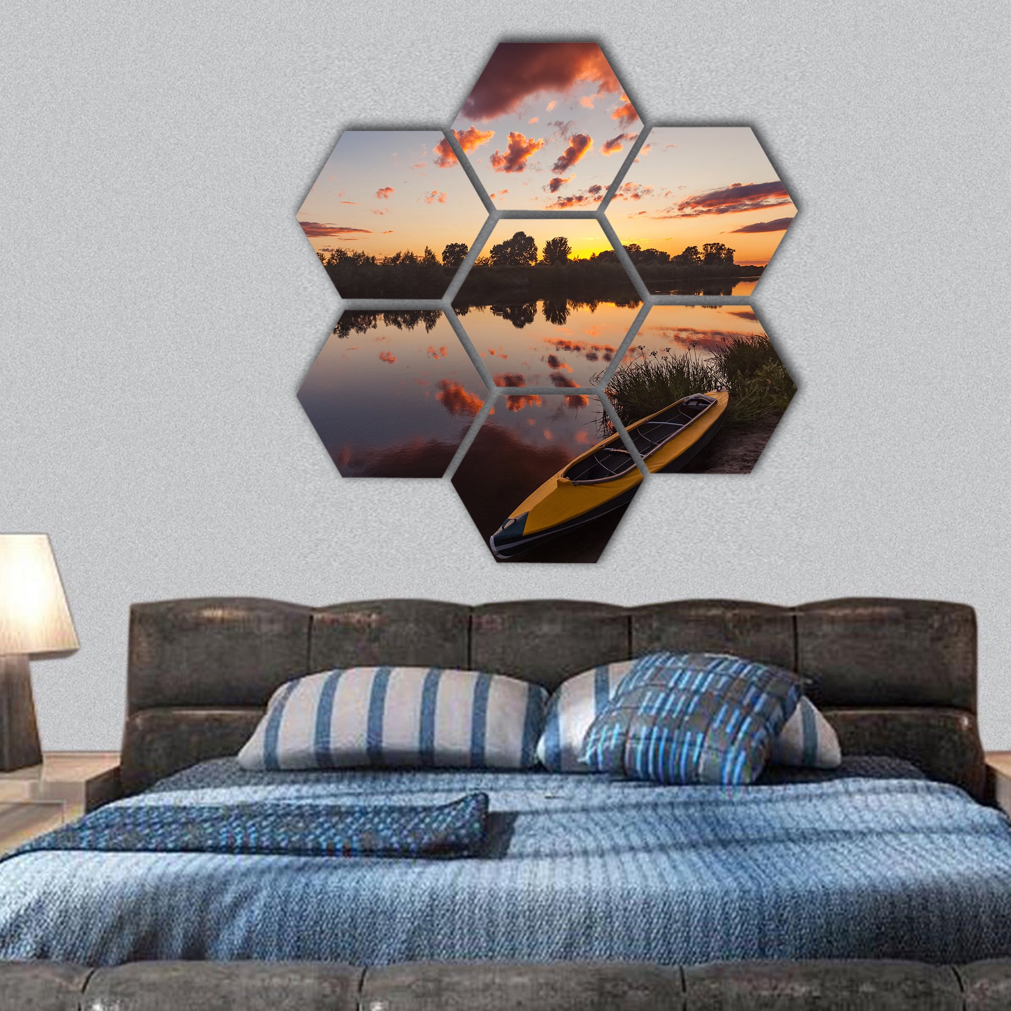 kayak on riverside surrounded by forest at sunset hexagonal canvas wall art