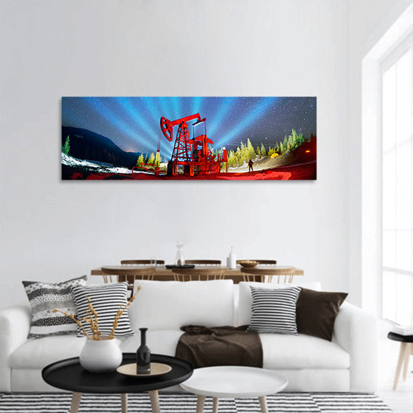 Ukrainian Carpathians oil and gas extraction by electric pumps panoramic canvas wall art