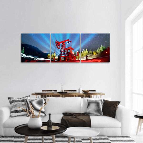 Ukrainian Carpathians oil and gas extraction by electric pumps panoramic canvas wall art