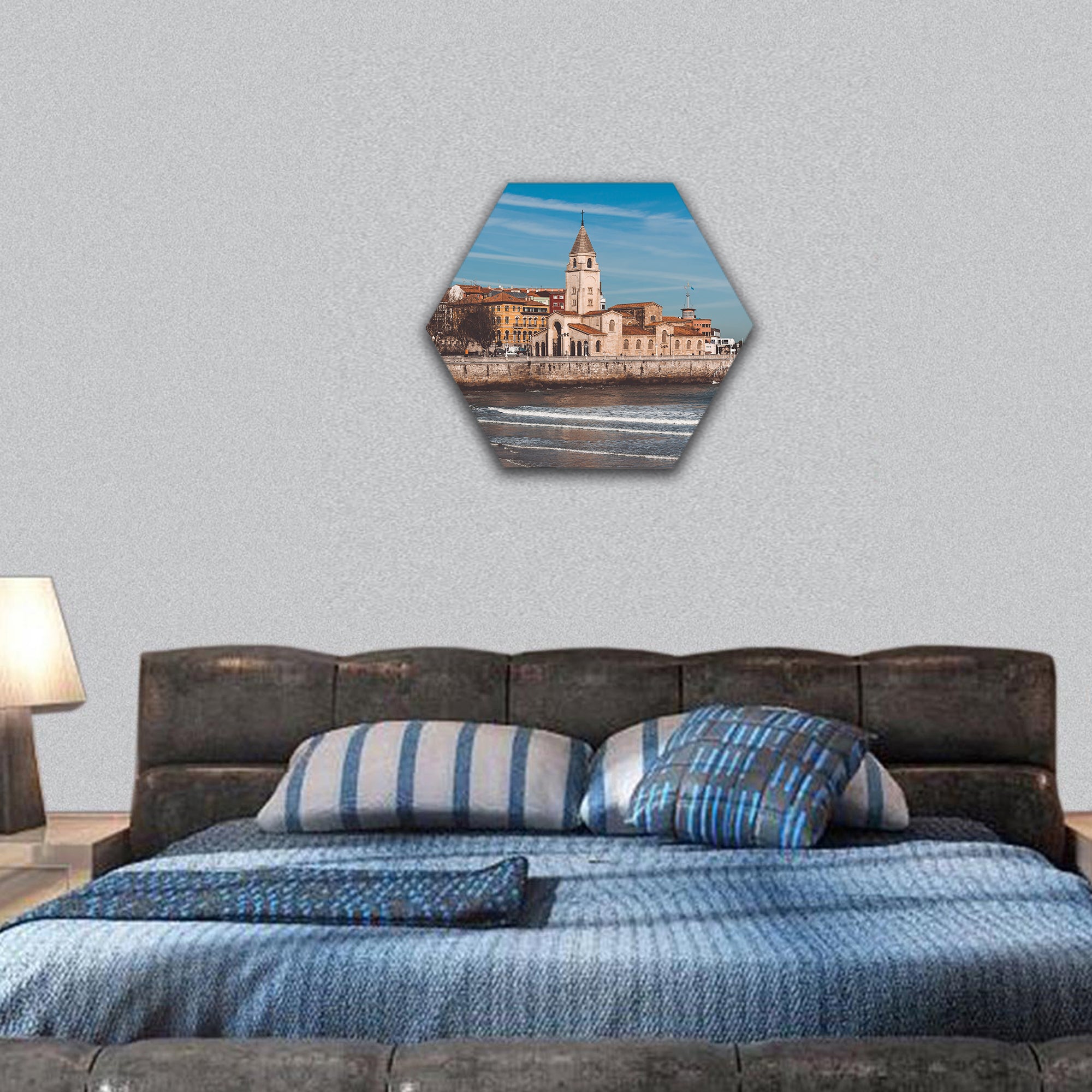 San Lorenzo ocean beach and San Pedro church in Gijon hexagonal canvas wall art