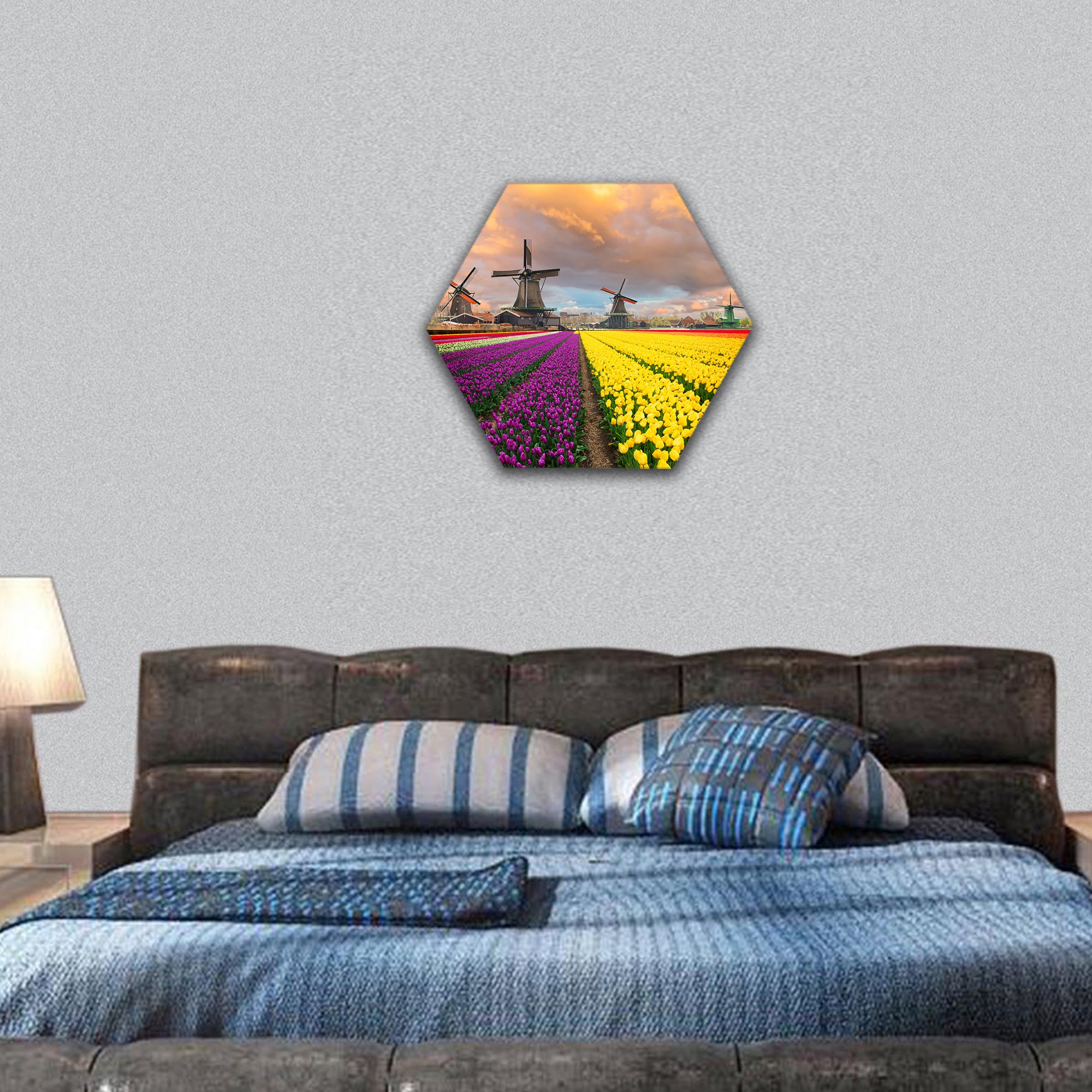 Dutch with windmill of Zaanse Schans over Zaan river hexagonal canvas wall art