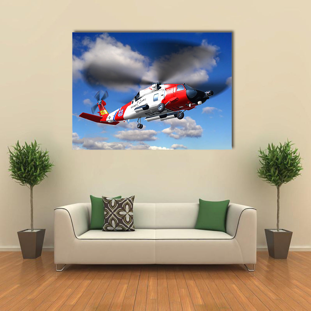 Render Helicopter Coast Flying In Clouds Multi Panel Canvas Wall Art