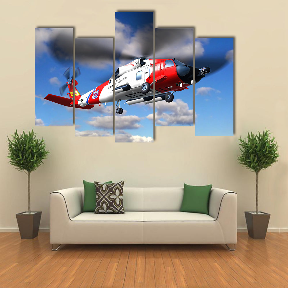 Render Helicopter Coast Flying In Clouds Multi Panel Canvas Wall Art