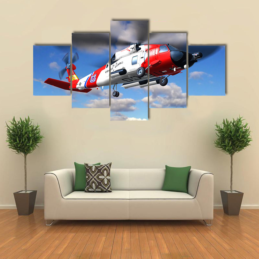 Render Helicopter Coast Flying In Clouds Multi Panel Canvas Wall Art