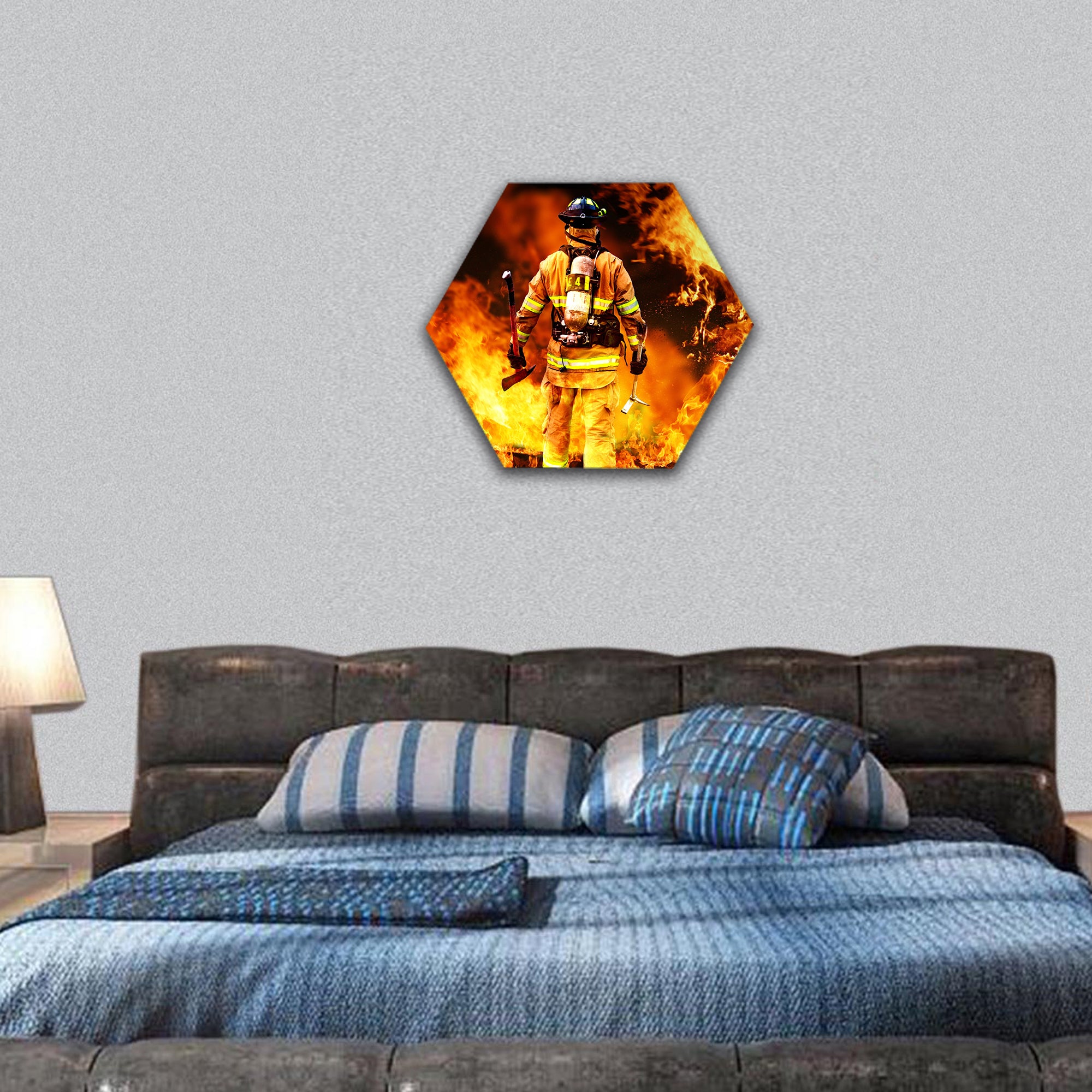 Modern firefighter searching for possible survivors hexagonal canvas wall art