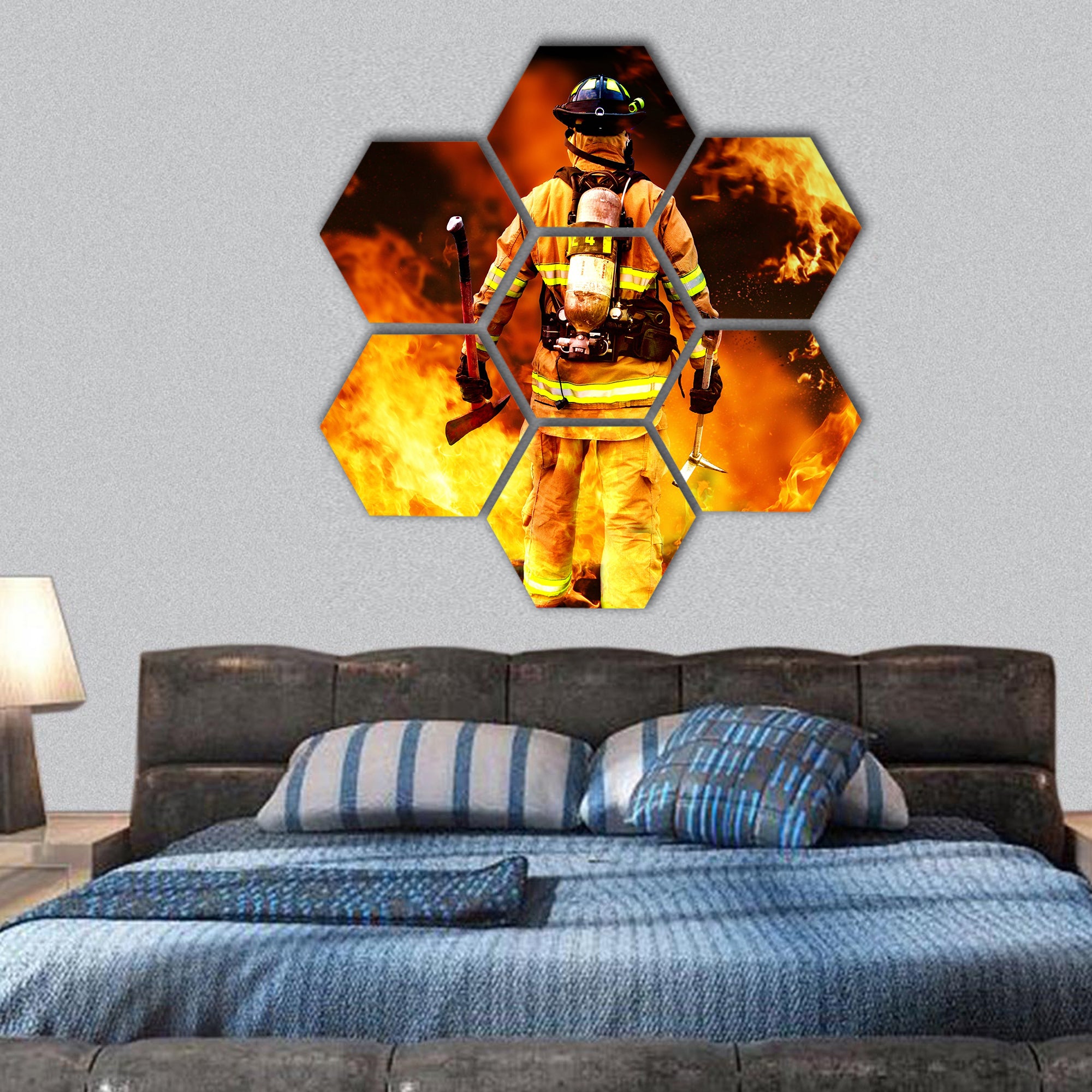 Modern firefighter searching for possible survivors hexagonal canvas wall art