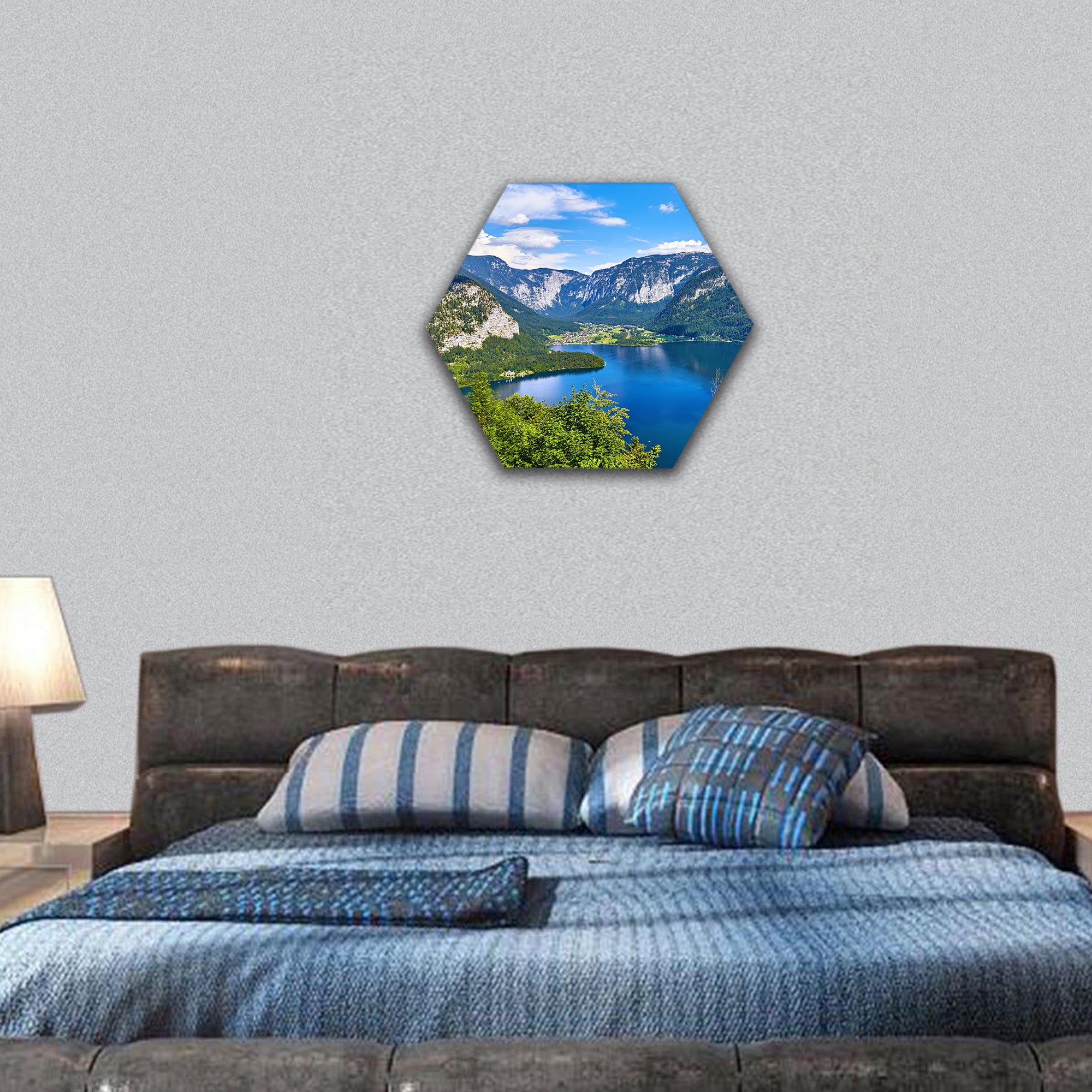 lake Hallstattersee among austrian Alps mountains hexagonal canvas wall art