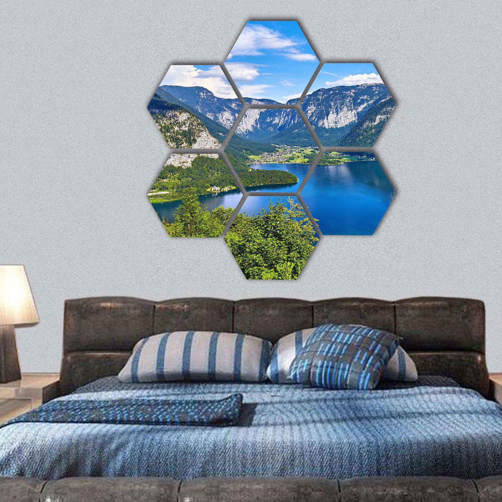 lake Hallstattersee among austrian Alps mountains hexagonal canvas wall art